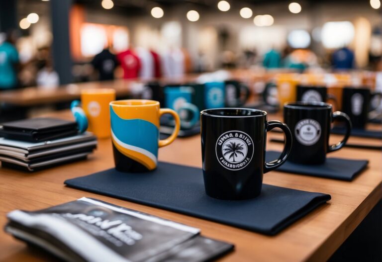 Company merch products on a table