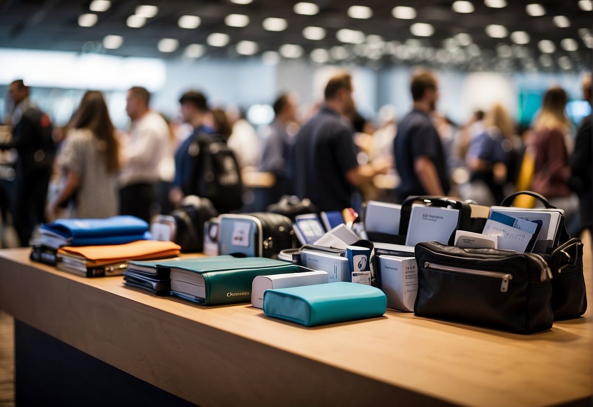 Giveaway products on a table in a convention