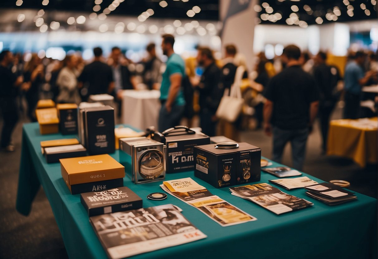 Giveaway products on a table in a huge convention