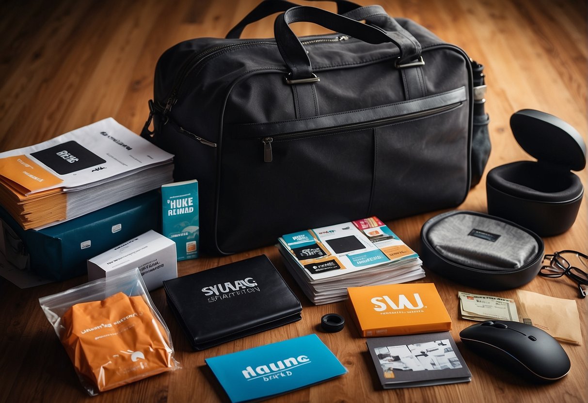 Promotional swag items on a table