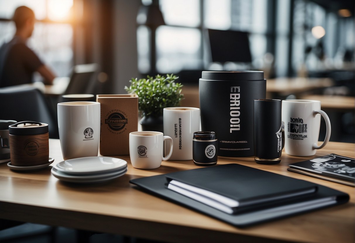 Swag items such as coffee cups notpad and more for employees
