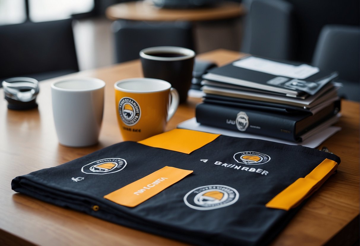 Swag products like coffee mug notpad and more on a table