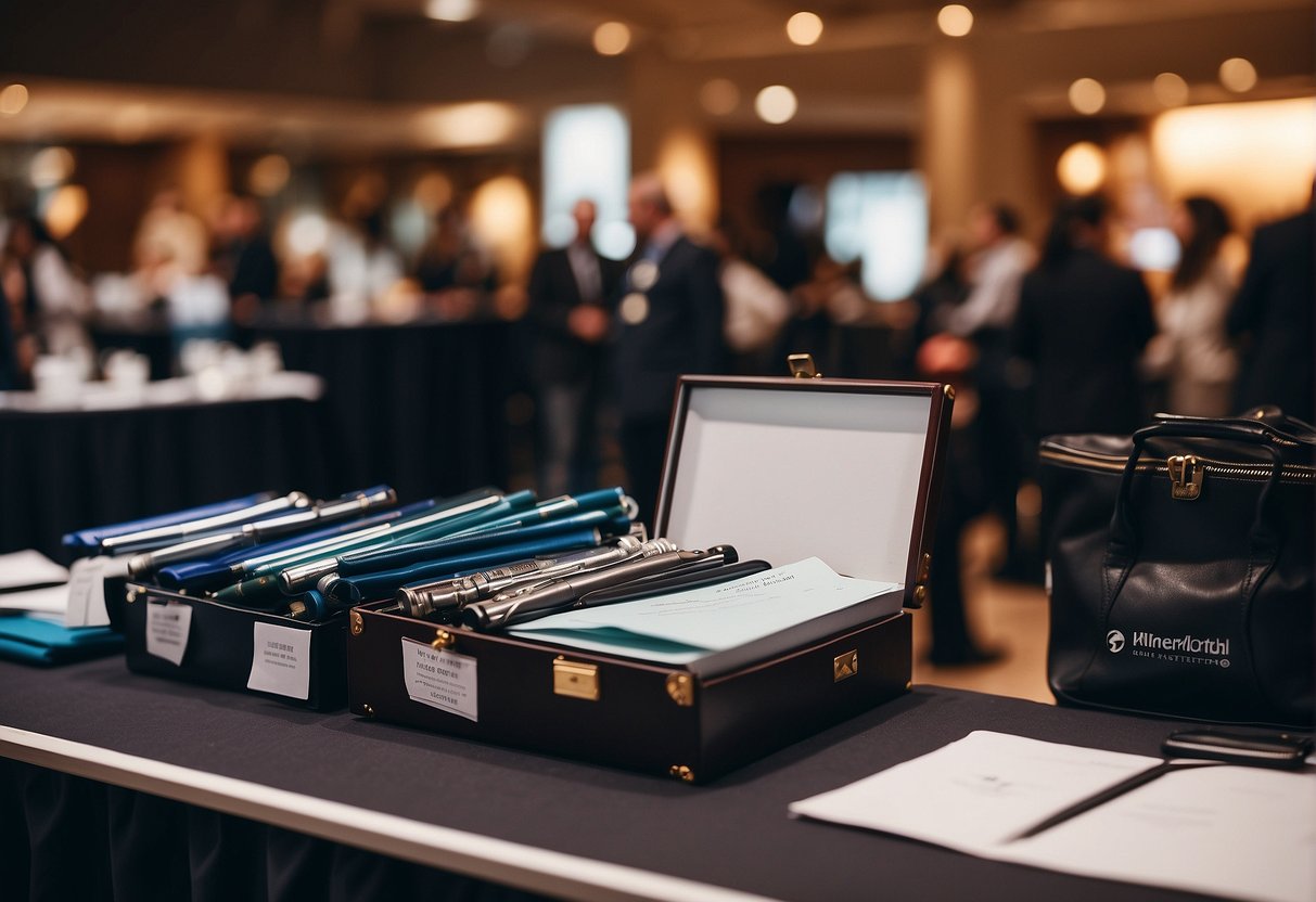 Top quality conference giveaway gifts on a wooden table