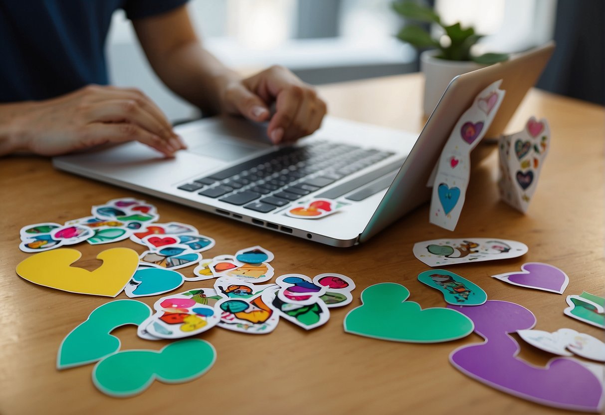 A guy making stickers in the computer by taking ideas from the sticker kept around