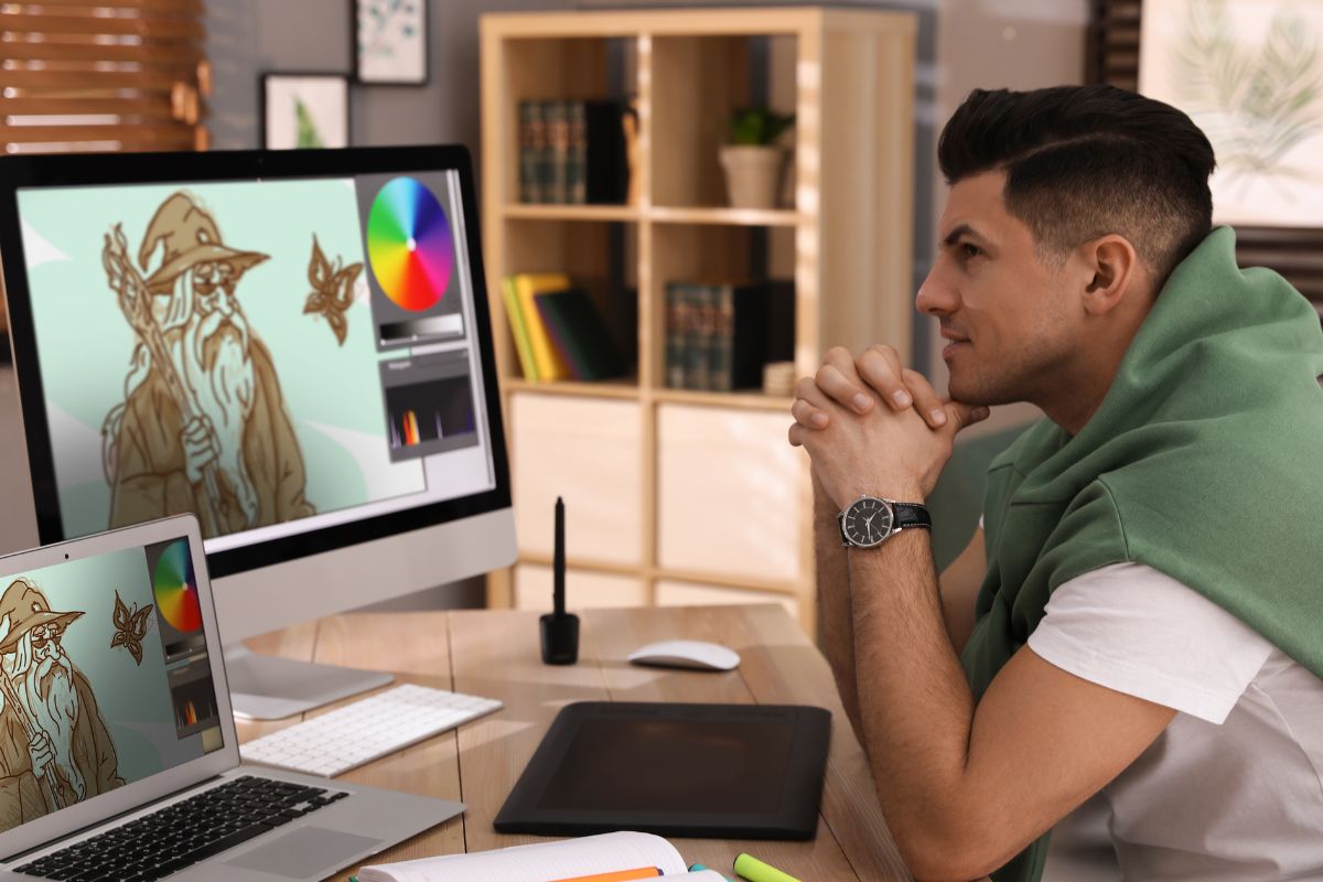 A guy working on the vector image on the computer.