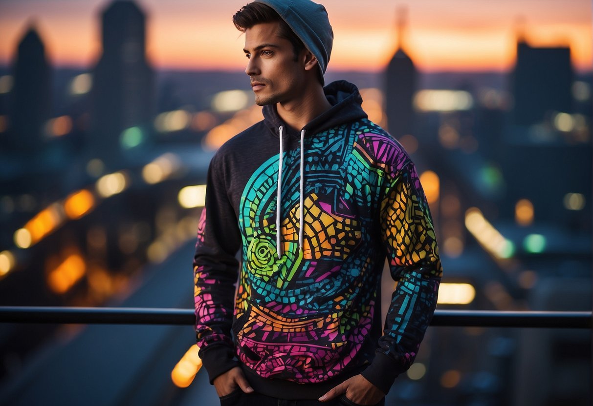 A man wearing printed hoodie.