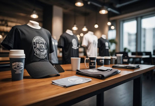 A table with branded Youtuber merchandise including t shirts mugs and posters