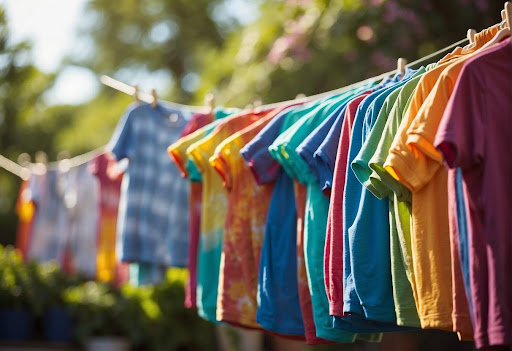 After tie dyeing the clothes are hung in sunlight to dry