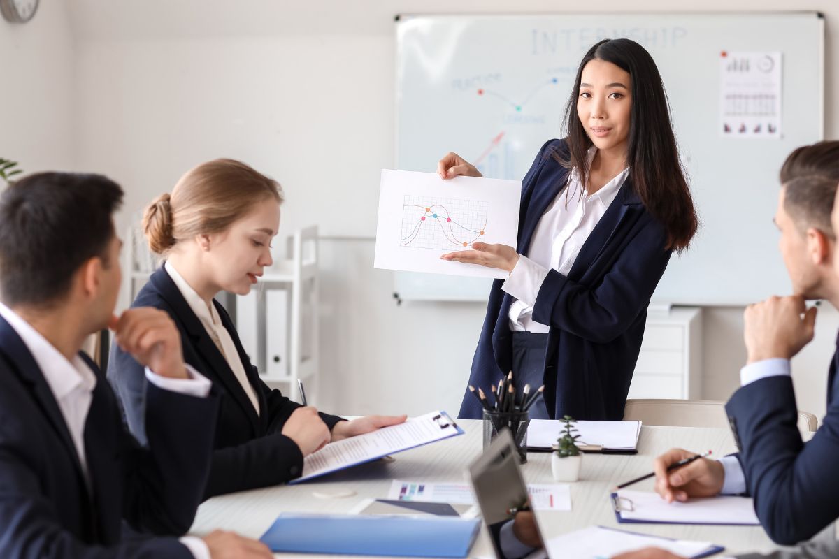 An employee giving presentation in office