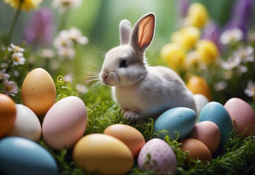 Colourful eggs and bunny to celebrate easter colours