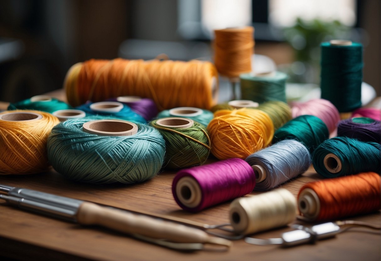 Different colored threads on spools for embroidery purpose.