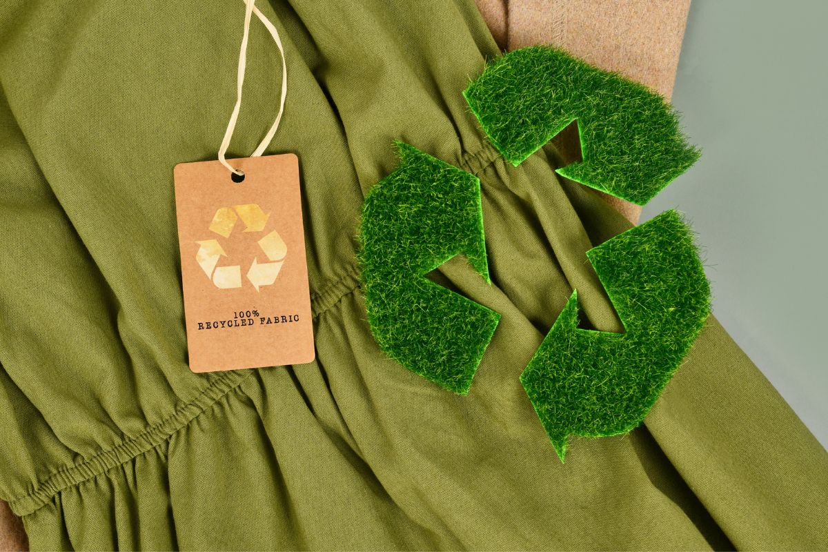 Green eco friendly fabric with 100 percent recycled label of sustainable swag