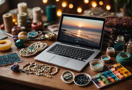 Laptop on the table along with jewellery articles to sell on etsy