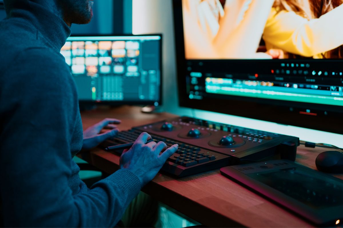 Man working on desktop to edit logo by using vector file 