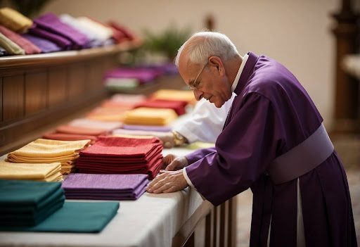 Priest looking easter colour fabrics