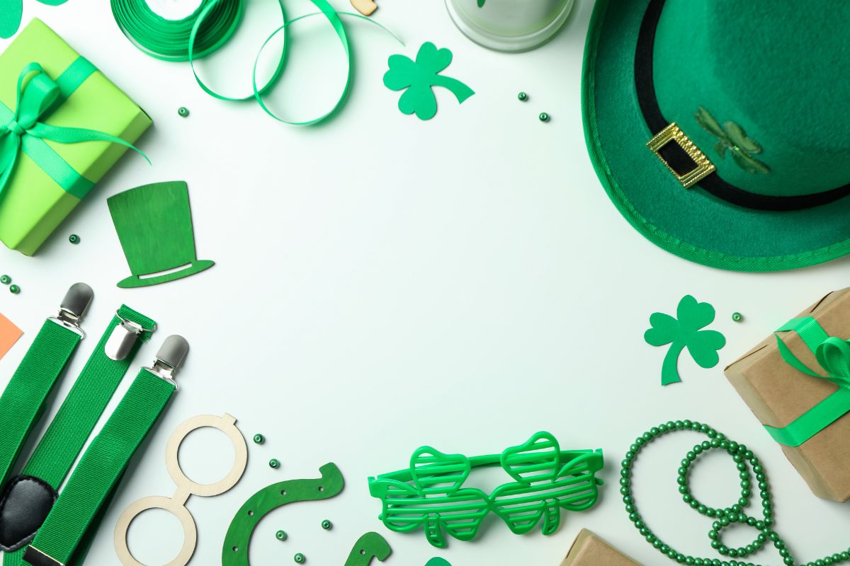 St Patricks day DIY with lucky charms shamrock hat and gift box on the table