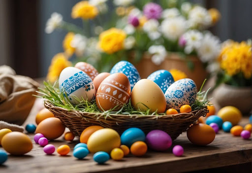 Table surrounded by traditional symbols which shows easter colour