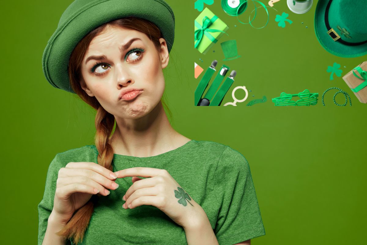 Woman wearing a green T shirt contemplates ideas to personalize her St. Patricks Day celebration