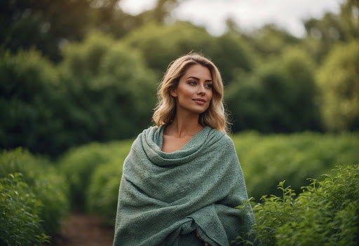 Woman wearing breathable viscose fabric strolling in the garden