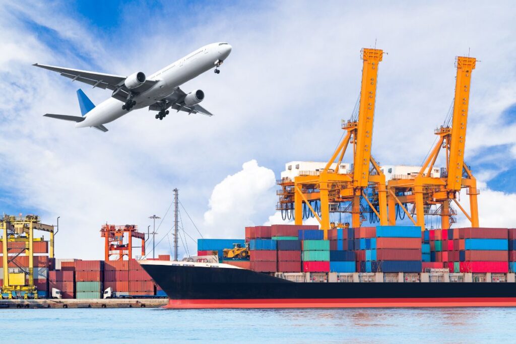 A Cargo ship and plane with containers for international shipping