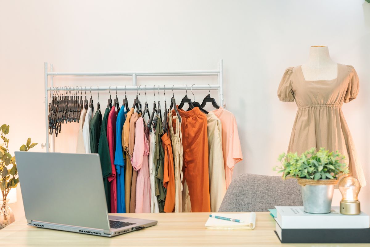 A laptop on a table in a small female apparel store