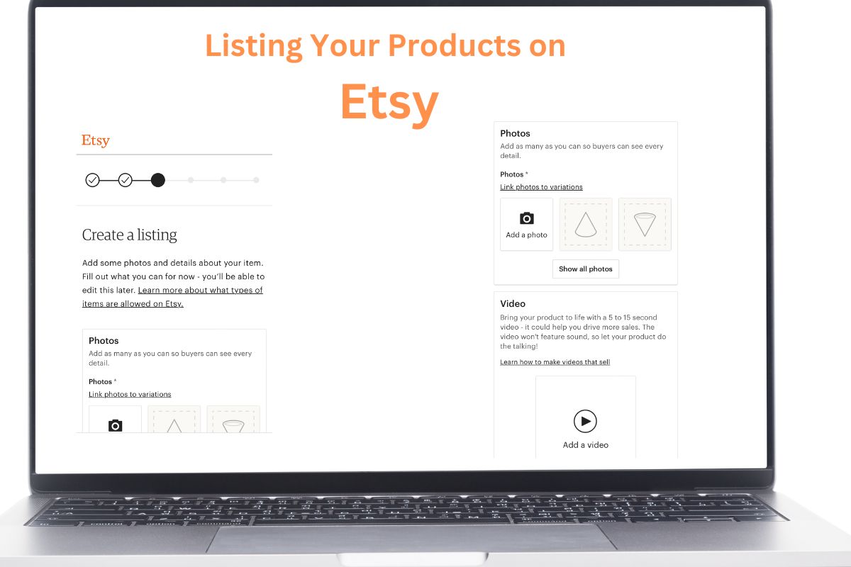 A laptop screen displaying how to list printable products on Etsy for sale