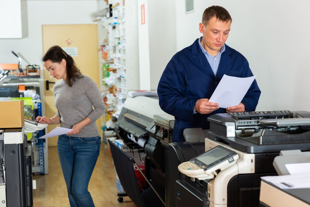 A man and woman work on two printers one matte one glossy. Both produce vibrant colors and sharp details