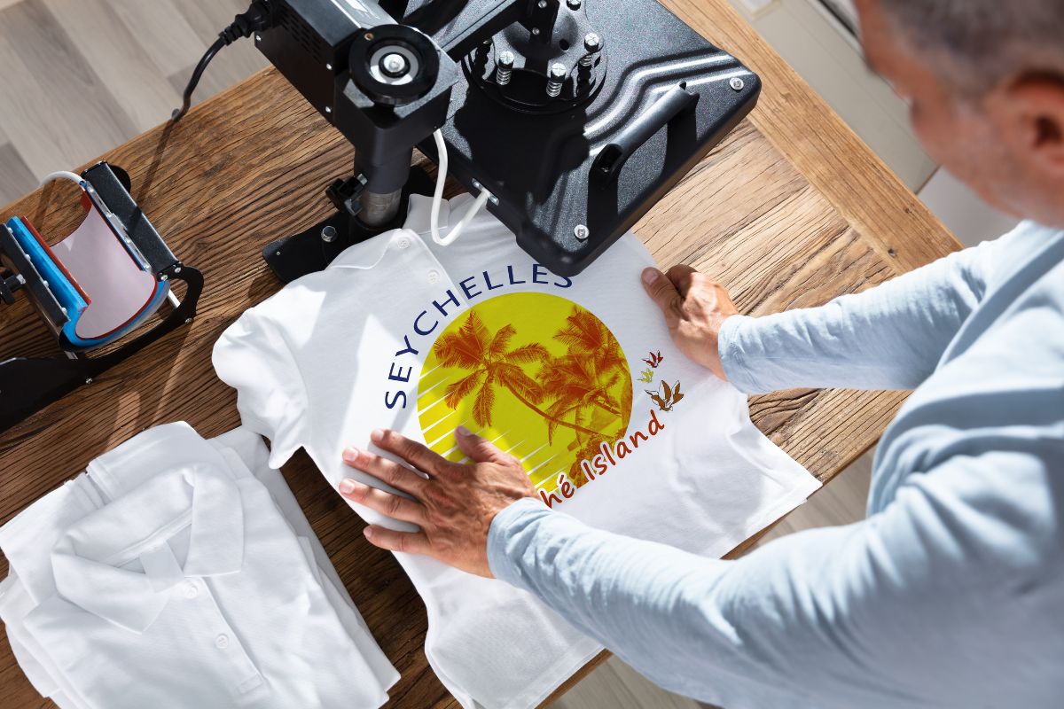 A man using a machine to print a logo design onto a t shirt