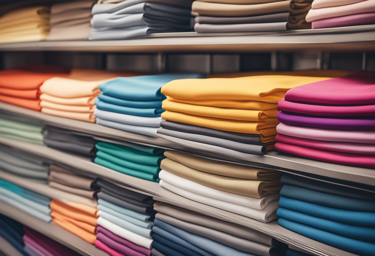 A stack of vibrant fabric rolls labeled best for t shirts rests on a well lit shelf in a textile store