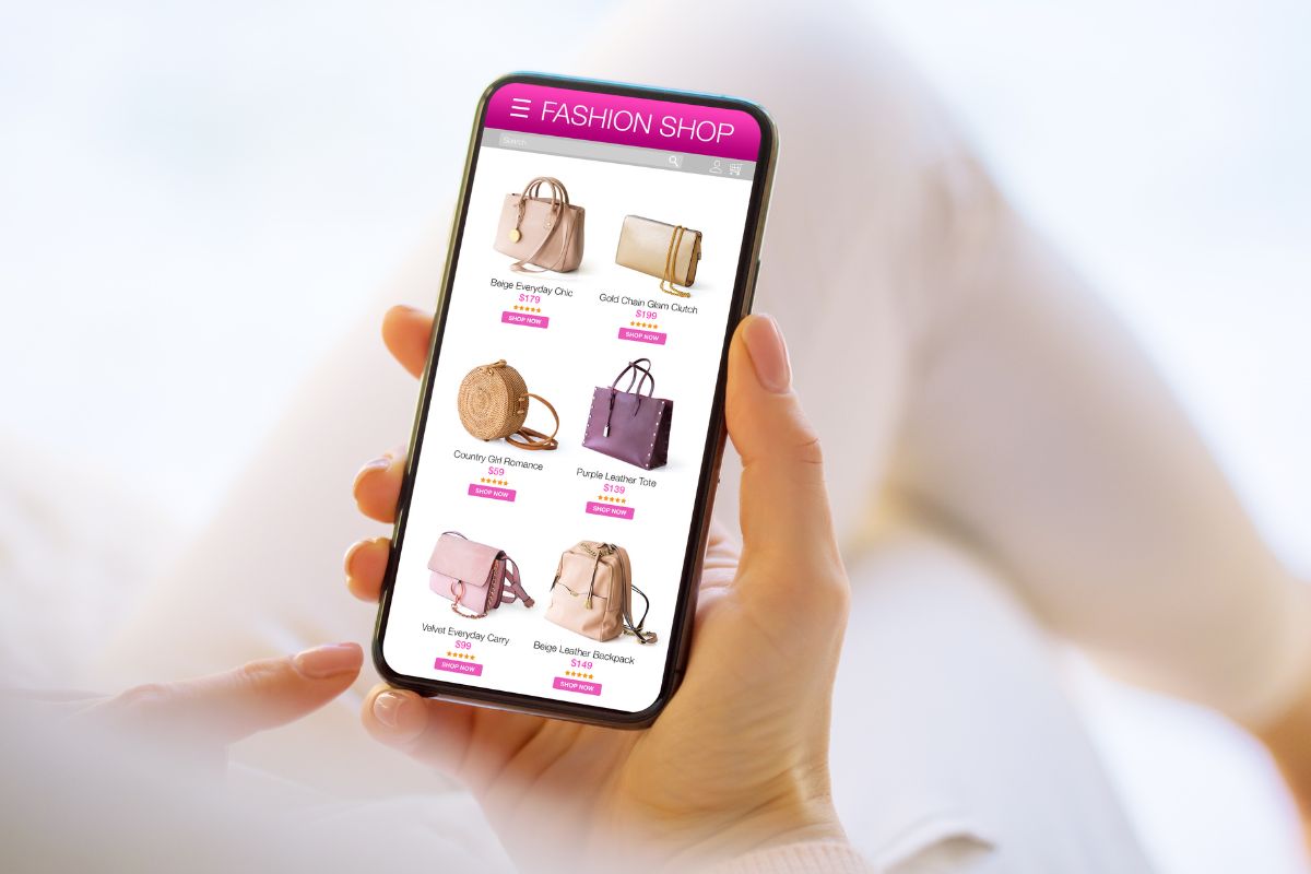 A woman using a mobile device to browse products on an e commerce platform