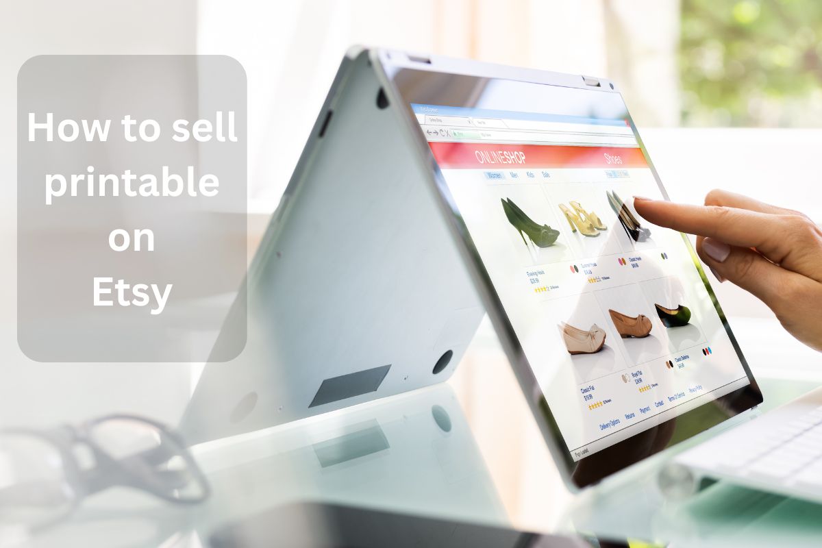 Woman scrolling through a list of printable products for sale on Etsy on laptop