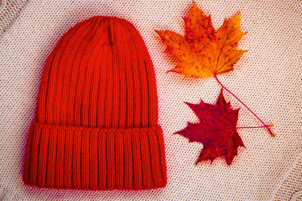 A bold red beanie kept with some maple leaves