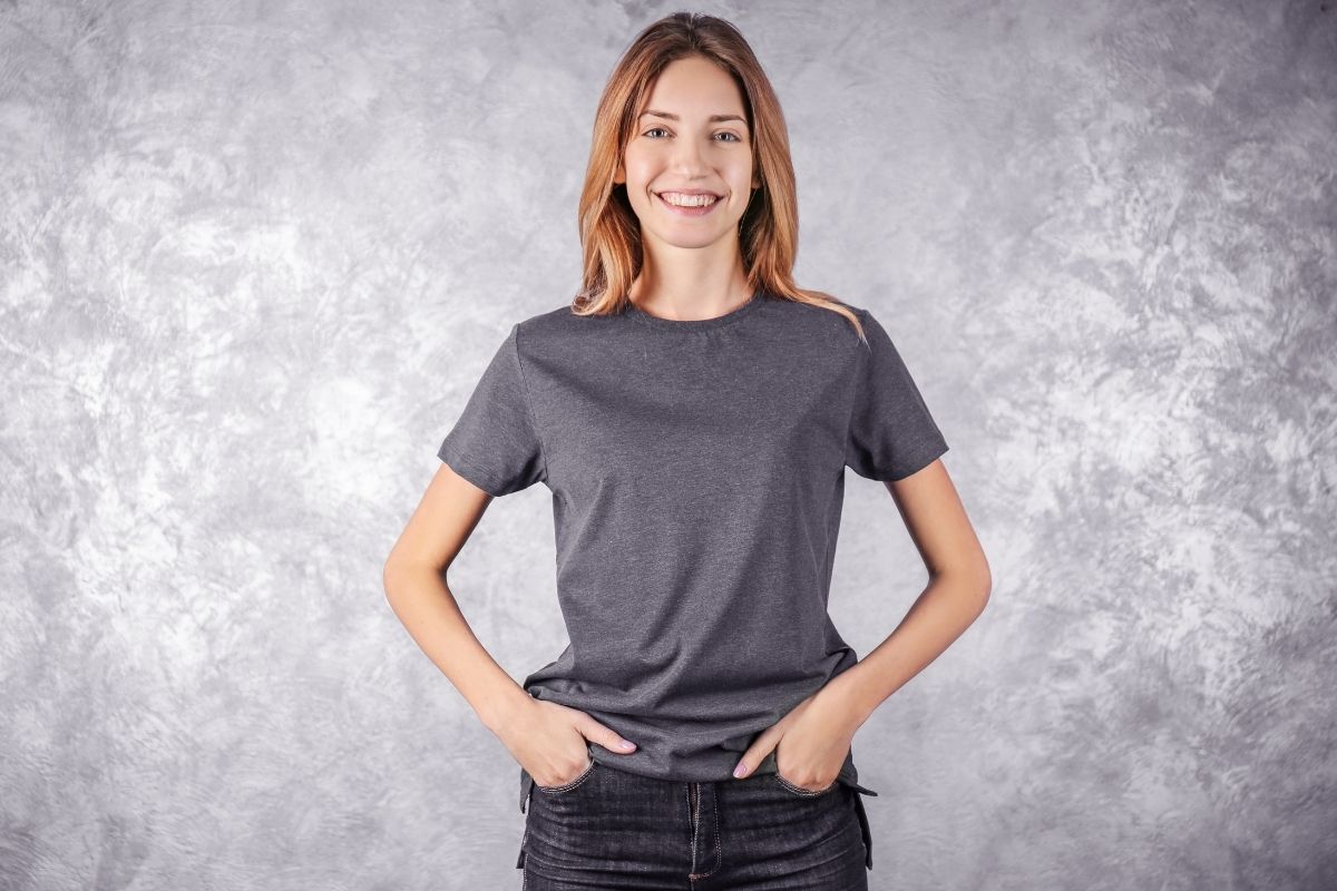 A lady wearing 100 cotton t shirt for daily style and comfort