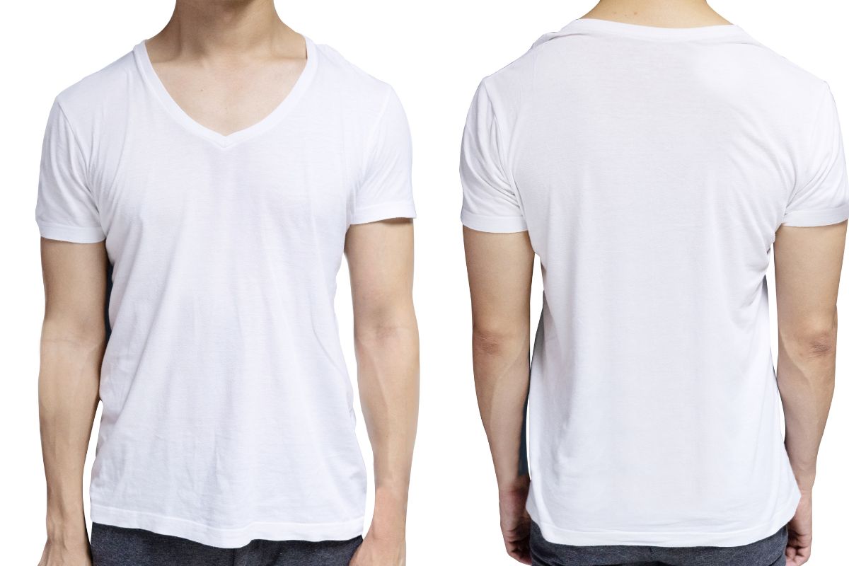 A person showing front and back view of v neck t shirt after wearing it.