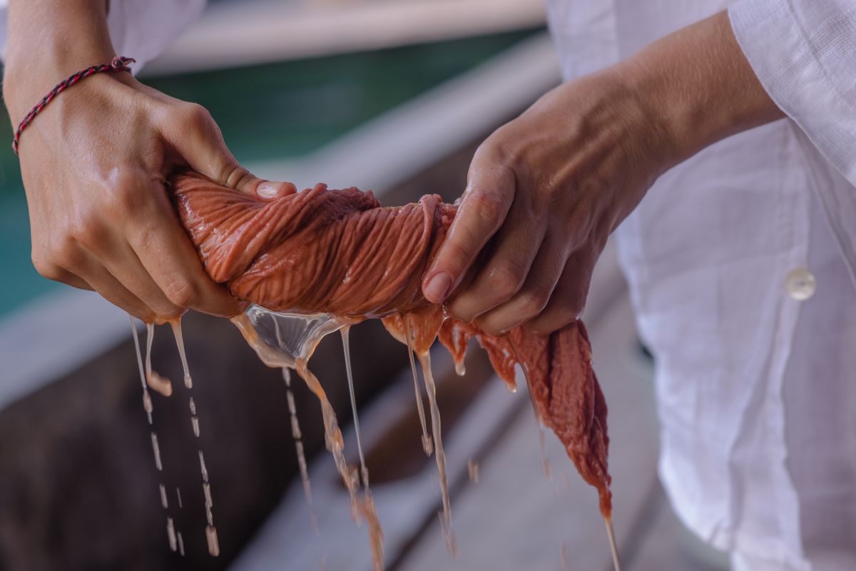 A person using traditional method of dyeing by hands