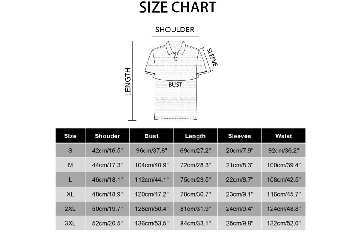 A size chart of polo t shirt