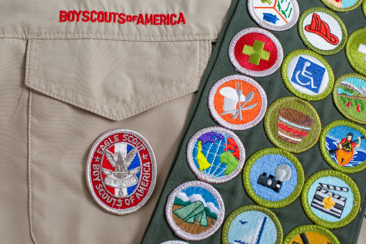 Boy Scouts of America badge are sewn onto a shirt