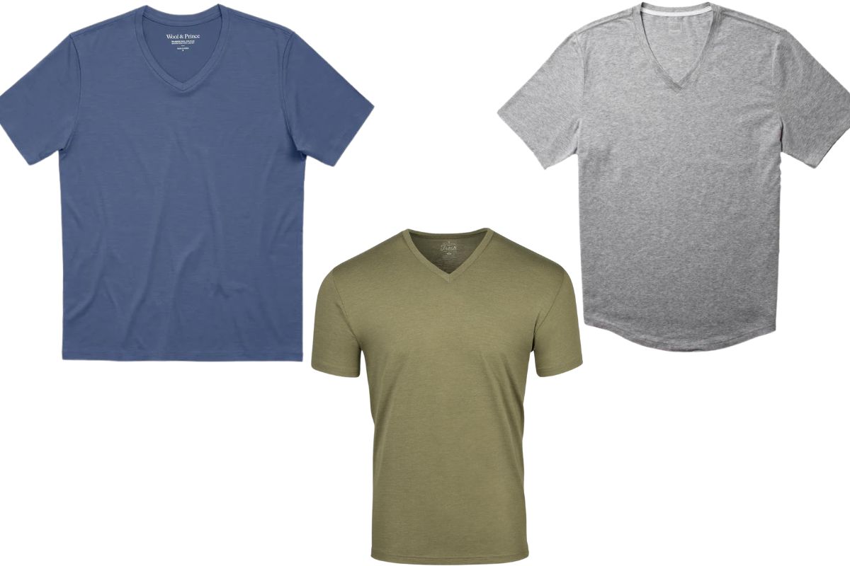 Classic V neck t shirt on the left side slim cut in the middle and relaxed fit v neck T shirt on thr right side of the image