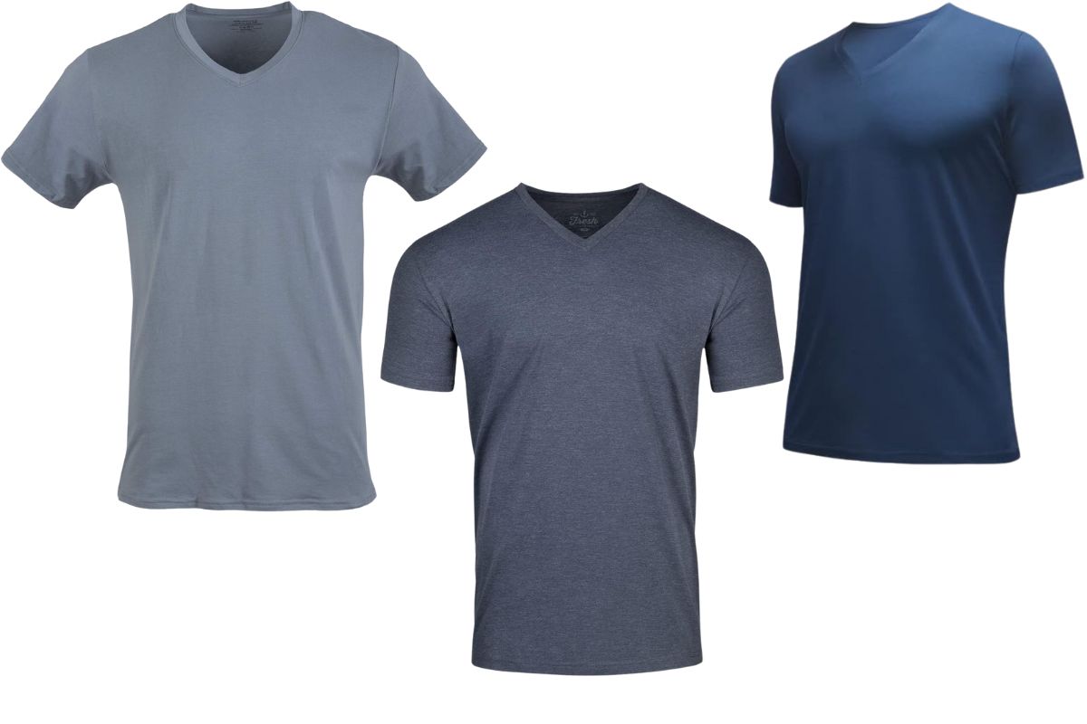 Cotton V neck t shirt on the left side Tribend material in the middle and poleester on the right side of the image