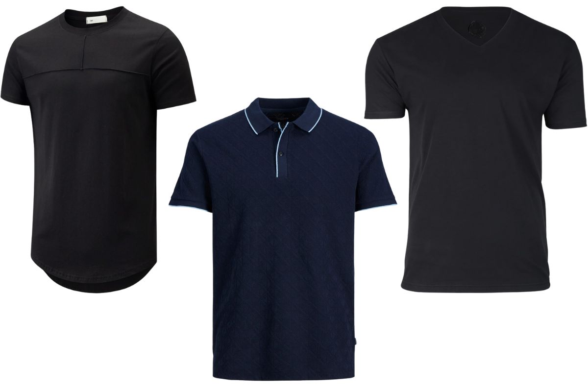 Crew Neck T Shirt on left side polo t shirt in the middle V Neck T Shirt on right side of the image