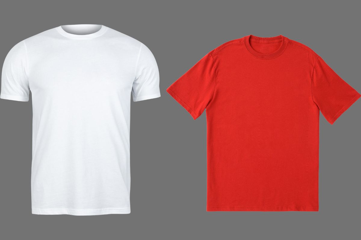 Fitted hans t shirt on the left side and Gildans normal fit t shirt on the right side of the image