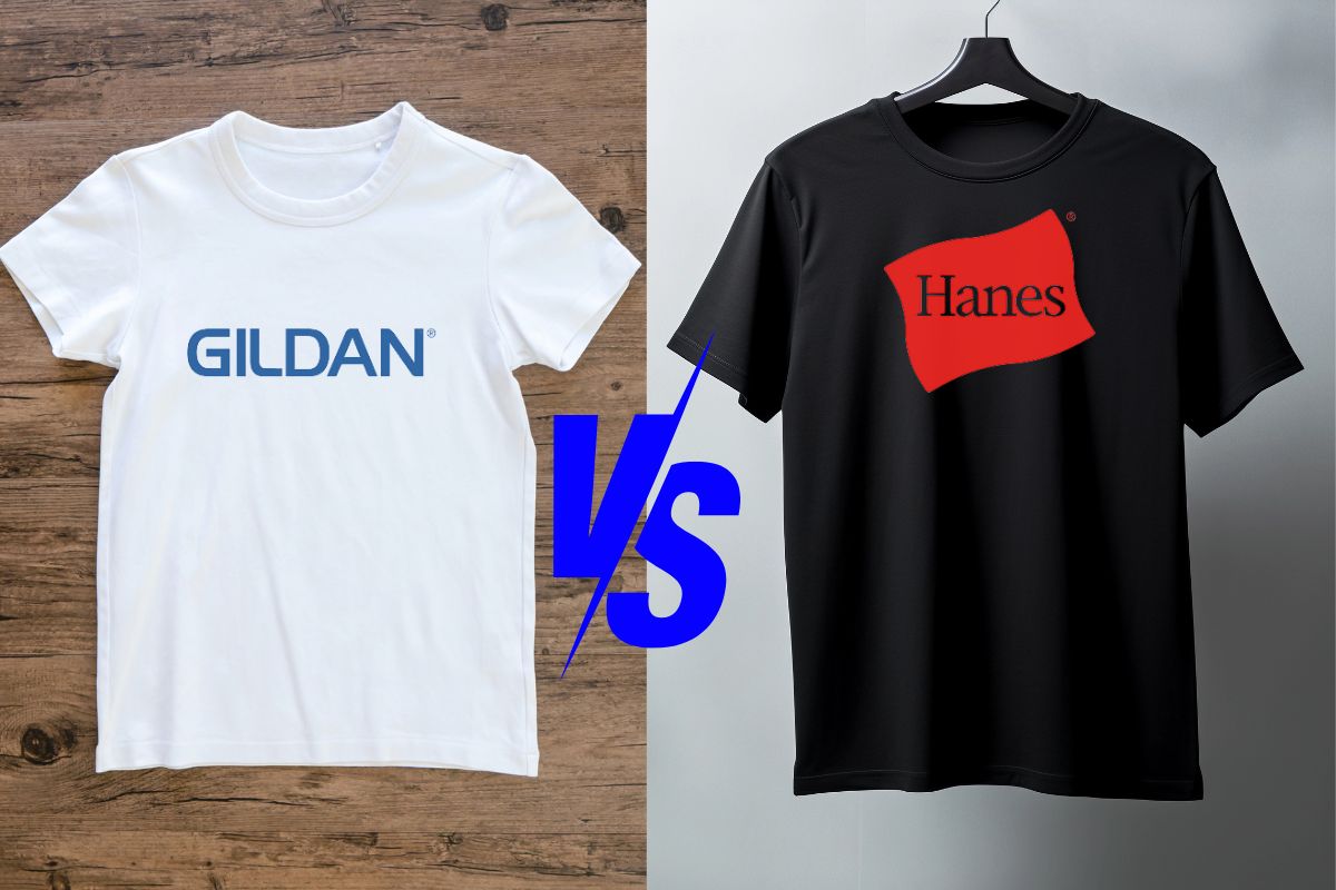 Gildan's t shirt on the left side of the image and hanes on the right side