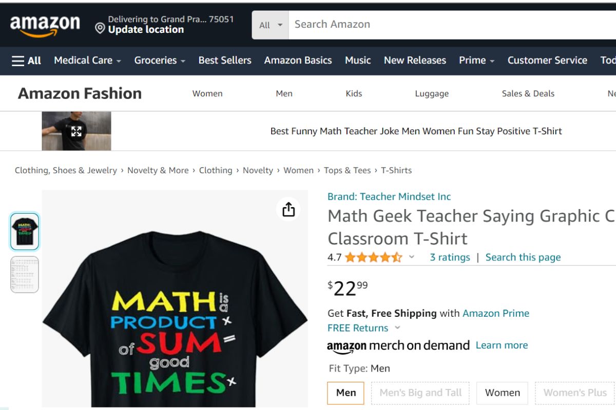 Interface of amazon site featuring math designed t shirt