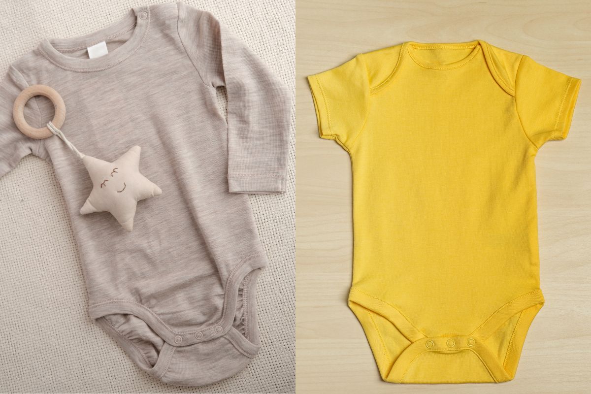 Long sleeve baby body suite on the left side and short sleeve suite on the right side of the image