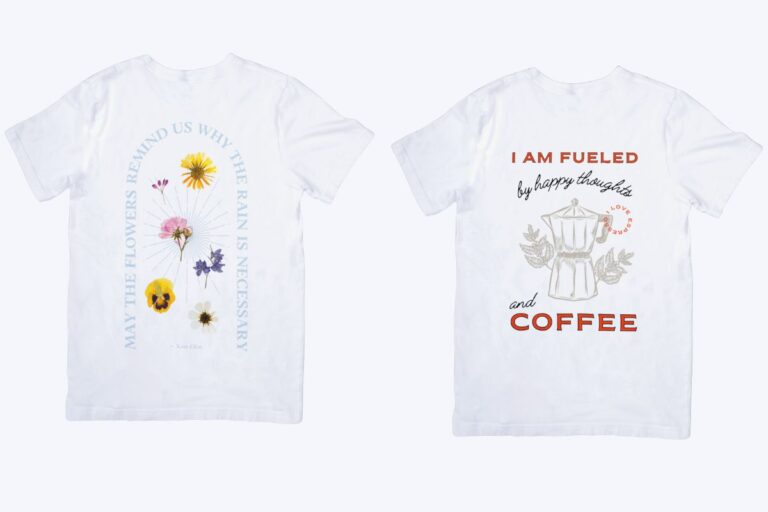 Two shirt design from top to bottom covered with images and words