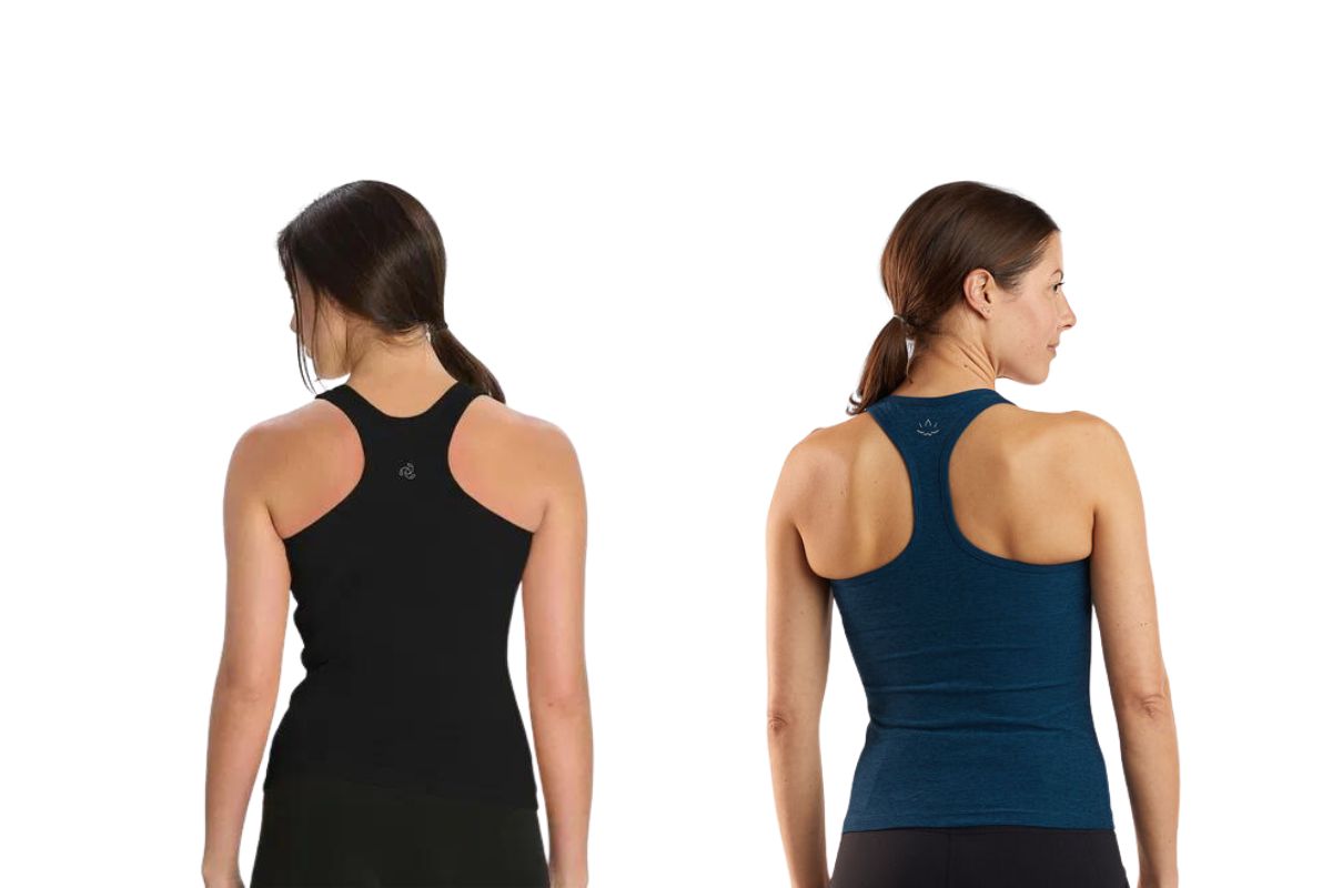 Two women wearing racerback tank tops