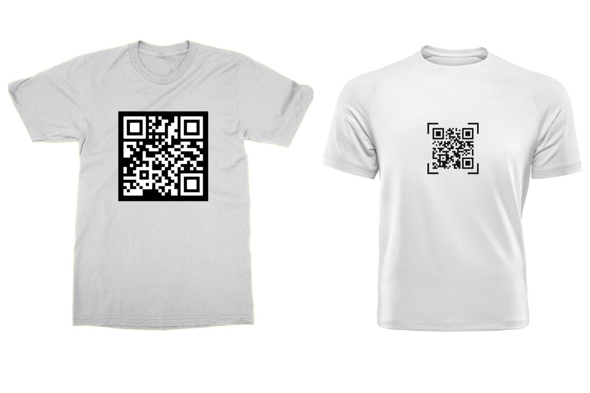 White colored qr code t shirt on the right side and grey colored on the left side of the image