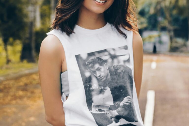 Woman wearing white t shirt with word I will miss you