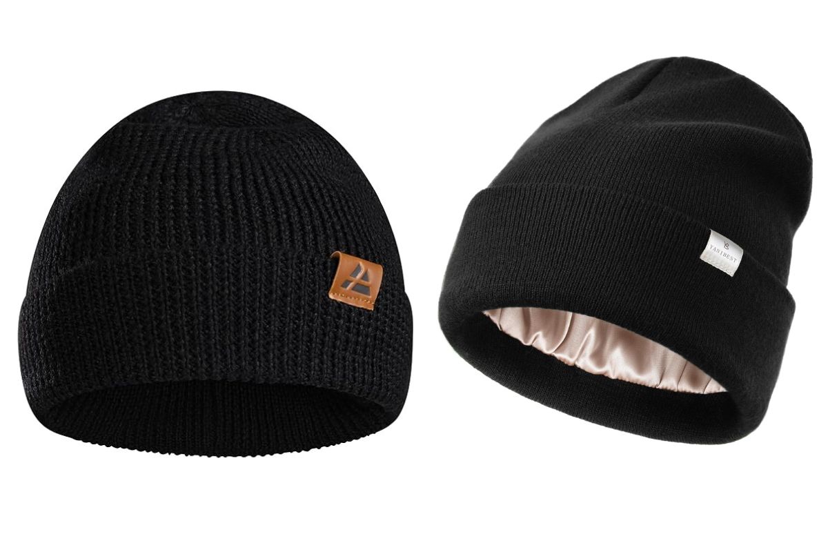 Woolen beanie on the left side and acrylic beanie on the right side