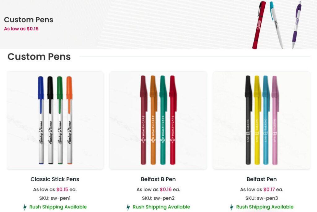 A collection of custom pens shown in the image to buy online